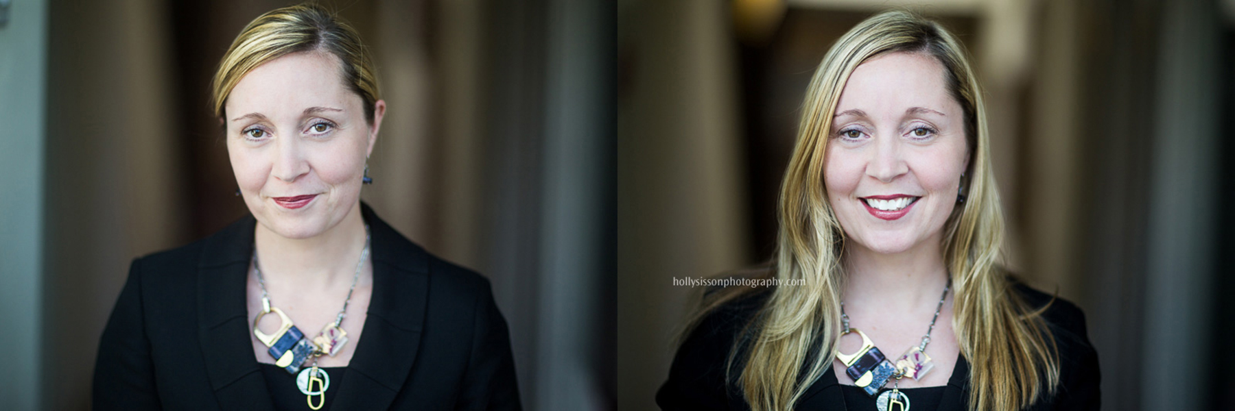 Professional woman headshot comparison, hair up with closed-mouth smile beside hair down with open smile