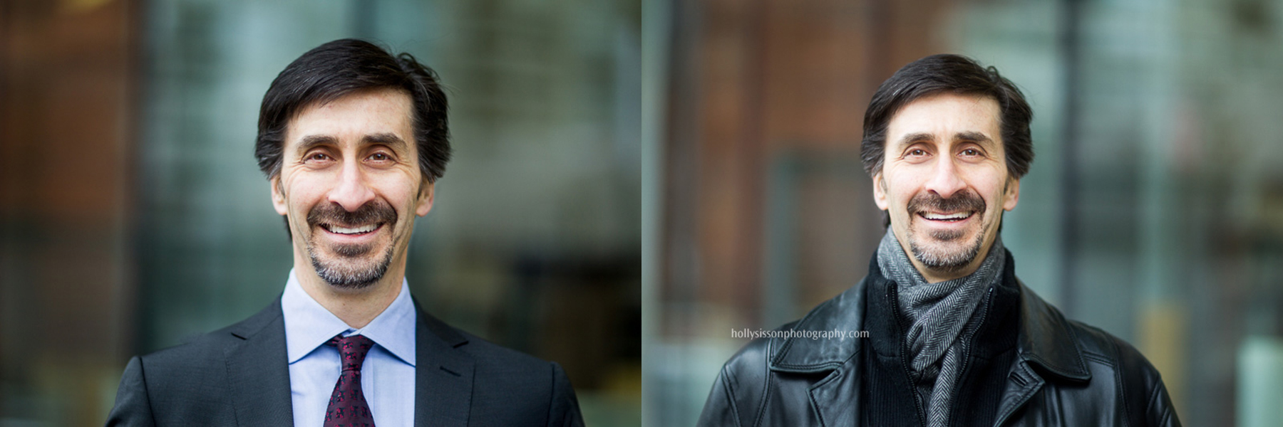Businessman headshot comparison, suit and tie beside leather jacket and scarf for a more casual look
