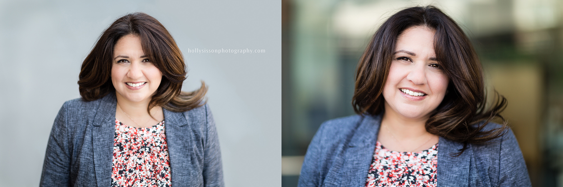 Headshot comparison showing same outfit against a clean pavement background versus a softly blurred glass building background