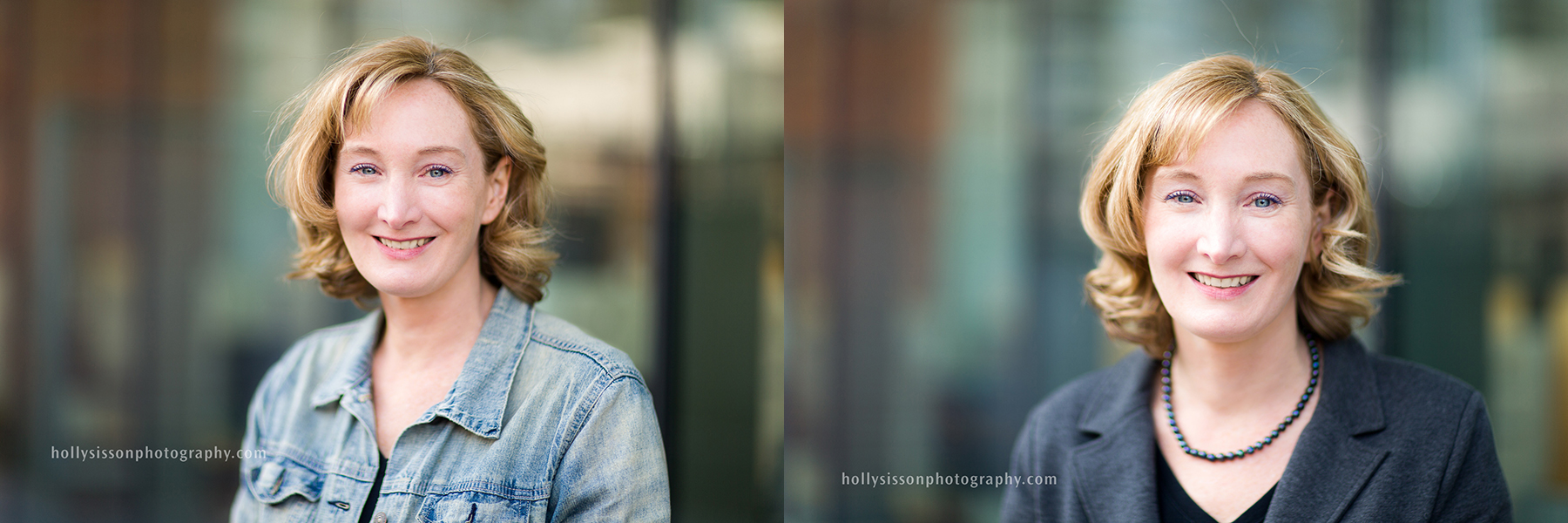 Woman's headshot comparison, casual denim jacket beside professional attire against the same background