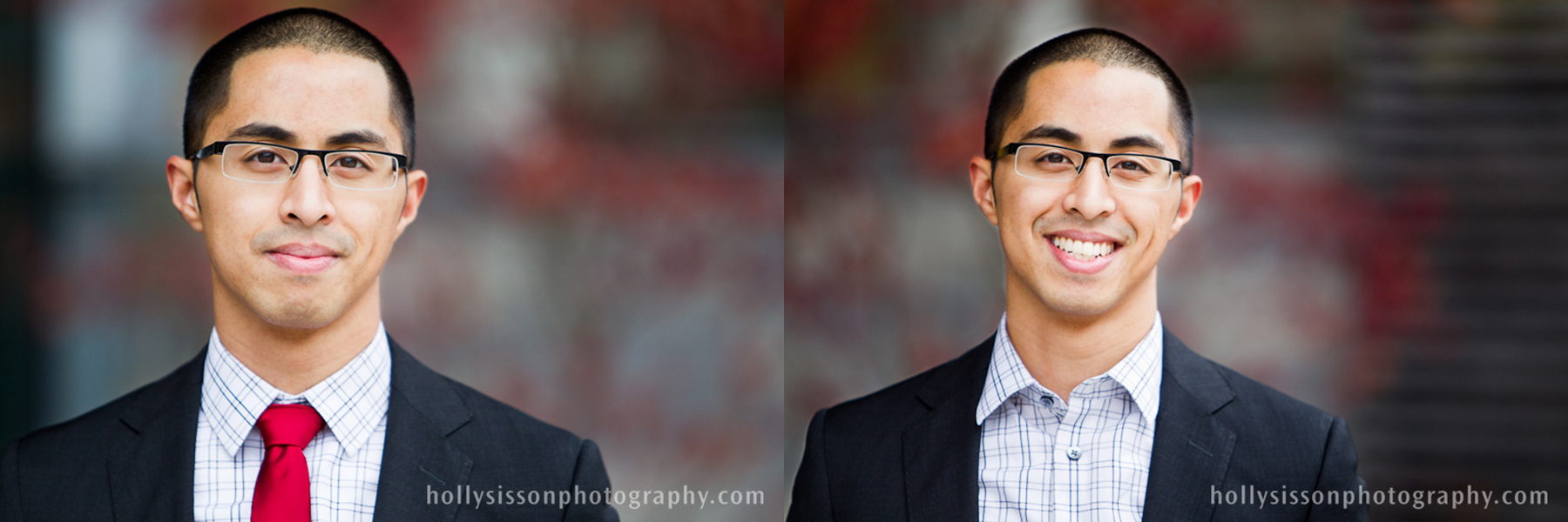 Young professional's headshot comparison, suit and tie with composed smile beside open-collar shirt with a big smile